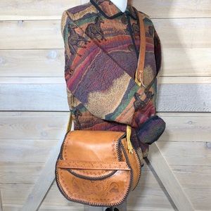 Vintage Hand Tooled Leather Crossbody Saddle Bag